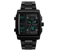 TONSHEN Sport Watch for Men Waterproof Multifunction Electronic LED Digital Watch Outdoor Military Three Time Zone Quartz Analog Black Plastic Watch Square Case Countdown Stopwatch 50M Water Resistant