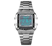 TONSHEN Unisex Fashion Multifunction Digital Watch for Men and Women LED Electronic Double Time Outdoor Military Stopwatch Alarm Countdown Sport Plastic Watches with Stainless Steel Band (Silver)