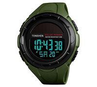TONSHEN Unisex Large Dial Multifunction Outdoor Military Digital Sport Solar Watch LED Electronic Alarm Stopwatch 50M Waterproof Watches for Men and Women Plastic Case with Rubber Band (Green)