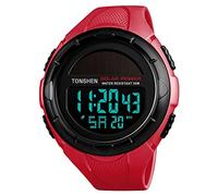 TONSHEN Unisex Large Dial Multifunction Outdoor Military Digital Sport Solar Watch LED Electronic Alarm Stopwatch 50M Waterproof Watches for Men and Women Plastic Case with Rubber Band (Red)
