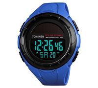 TONSHEN Unisex Large Dial Multifunction Outdoor Military Digital Sport Solar Watch LED Electronic Alarm Stopwatch 50M Waterproof Watches for Men and Women Plastic Case with Rubber Band (Blue)