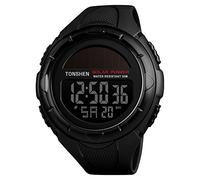 TONSHEN Unisex Large Dial Multifunction Outdoor Military Digital Sport Solar Watch LED Electronic Alarm Stopwatch 50M Waterproof Watches for Men and Women Plastic Case with Rubber Band (Black)