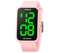 TONSHEN Unisex Outdoor Sport Watches for Men and Women Minimalism Waterproof Electronic LED Lights Digital Wrist Watch Plastic Case with Rubber Band (Pink)