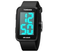 TONSHEN Unisex Outdoor Sport Watches Minimalism Waterproof LED Electronic Light Digital Plastic Watch with Rubber Band (Black)