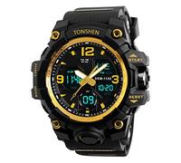 TONSHEN Waterproof Digital Sport Watch for Men Large Face 50M Water Resistant Outdoor LED Electronic Malfunction Dual Dial 12H/24H Time Military Watch Back Light Calendar Date Alarm Stopwatch - Gold
