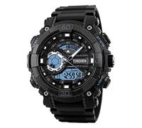 TONSHEN Waterproof Digital Watch for Men Large Dial LED Outdoor Sport Watch 50M Water Resistant Dual Time Analog Quartz Plastic Case with Rubber Strap Multifunction Military Wristwatch - Black