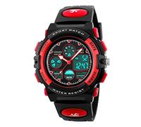 TONSHEN Waterproof LED Digital Sport Watch 50M Water Resistant Electronic Outdoor Military Analog Quartz Watch Dual Timezone Plastic Case with Rubber Strap Army Wristwatch - Red