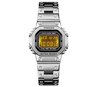 TONSHEN Women’s Digital Sport Watch Stainless Steel Multifunction LED Electronic Double Time Stopwatch Alarm Countdown Backlight Wristwatches (Silver)