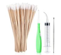 Tonsil Stone Removal Set, 1 Stainless Steel Tonsil Stone Remover Tool, 1 Tonsil Stone Remover with LED Light, 100 Long Swabs and 1 Curved Irrigator Syringe to Halitosis Treatment Tonsilitis (Green)
