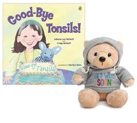 Tonsillectomy Gift Get Well Soon Teddy Bear with a Blue Gray Hoodie with Good-Bye Tonsils Book Gift Set Kids,Tonsillectomy Recovery