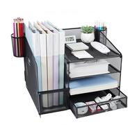 Tonsmile Office Desk Organiser, Mesh Desktop Stationary Organiser with 2 Pen Holders and Drawer, Desk Tidy Storage For Books, Documents, A4 Files, Magazine, Letter, Papers, Pens, Pencils