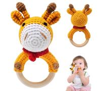 TonStyle Wooden Baby Rattle Toys 0-6 Months, Handcrafted Crochet Giraffe Rattles Baby Toys with Wooden Teething Ring, Non-Toxic Plush Baby Sensory Toys for Newborn Babies Gift Ages 6-12 Months