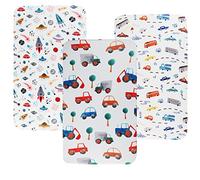 Tontukatu Travel Crib Fitted Sheets Set 3 Pack Compatible with Baby Bjorn, Guava Lotus Travel Crib and 24 x 42 Inch Travel Light Playard Mattress Ultra Soft Jersey Material,Rocket Satellite,Car & Bus