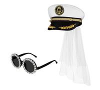 TONXX Bridal Sunglasses & Navy Hat with Veil for Women Bridal Shower Hat Captain Cap Stage Props Bachelorette Party Sailor Hat