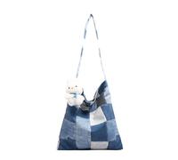 TONXX Retro Canvas Checkered Patchwork Shoulder Bag Large Capacity Work Casual Multifunction Underarm Handbag Purse for Women Blue