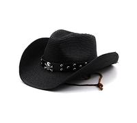 TONXX Vintage Cowboy Hat Western Style Large Metal Skull Brim Hat Straw Weaving Cowboy Hat Accessory for Summer Sunproof Black