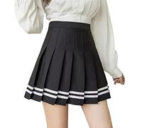 TONXX Womens High Waist A-Line Pleated Mini Skirt Harajuku School Girl Uniform Double Striped Print Casual Short Skater Skirts