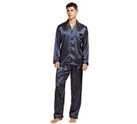 TONY & CANDICE Men's Classic Satin Pajama Set Sleepwear, Blue / Golden, 4XL