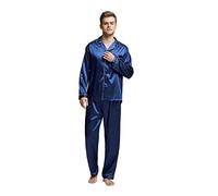 TONY & CANDICE Men's Classic Satin Pajama Set Sleepwear, Blue With White Piping, L