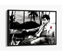 Tony Montana Movie Scarface Scene Black White Red Canvas Floater Frame Print Picture Art - Black Frame 12 inch wide x 8 inch high