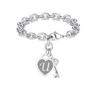 TONY & SANDY Initial Charm Bracelet for Girls Women Stainless Steel Heart Personalised Birthday Christmas Mom Graduation Gifts for Women Teens, 8 Inches, Stainless Steel, No Gemstone