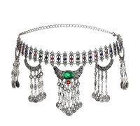 TONZN Color Metal Hippie Boho Flower Turkish Bohemian Shiny Dress Belt Belly Dance Waist Chain Coins Sexy Body Indian Jewelry (Color : Red) (Green)