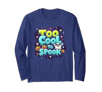 Too Cool to Spook - Funky Halloween Ghost & Pumpkins Long Sleeve T-Shirt, Adult Unisex, Navy, XL