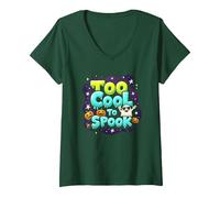 Too Cool to Spook - Funky Halloween Ghost & Pumpkins V-Neck T-Shirt, Women, Forest Green, S