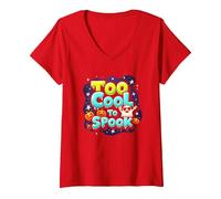 Too Cool to Spook - Funky Halloween Ghost & Pumpkins V-Neck T-Shirt, Women, Red, S