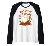 Too Cute to Spook Ghost Coffee Autumn Leaves Halloween Art Raglan Baseball Tee
