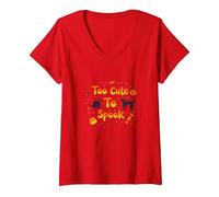 Too Cute to Spook Halloween Cats Ghosts Pumpkin Fun V-Neck T-Shirt, Women, Red, S