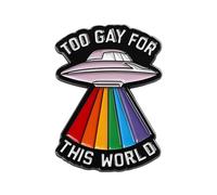 Too Gay For This World UFO Enamel Pin Badge 3cm x 2cm, Rainbow Pride Alien Spaceship Lapel Pin With LGBTQ+ Flag Beam Design, Funny Statement Brooch For Jackets Bags And Gifts