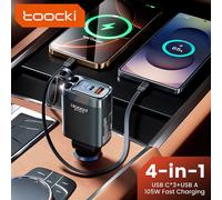 Toocki 4 IN 1 Retractable Car Charger 105W Mobile Phone Charger Type C Cable For iPhone 16 15 Fast Charge Cord Cigarette Adapter