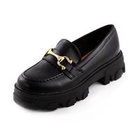 Toocool Q1032 Women's Platform Loafers with Tank Sole, Penny Loafers in Shiny Imitation Leather with Golden Clamp, Black, 7 UK
