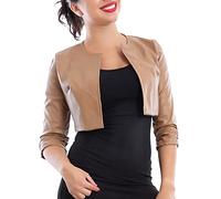Toocool Women's Cropped Faux Leather Bolero Open Front Ruched Sleeves Jacket VB-10381 [L, Camel]