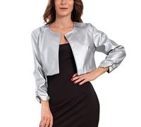 Toocool Women's Cropped Faux Leather Bolero Open Front Ruched Sleeves Jacket VB-10381 [L, Silver]