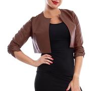 Toocool Women's Cropped Faux Leather Bolero Open Front Ruched Sleeves Jacket VB-10381 [S, Dark Brown]