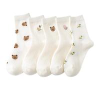 Tooe Women's 5 Pairs Bear Preppy Cute Crew Socks Kawaii Fairycore Flower Knitting Ankle Socks Cutecore Soft Cotton Socks, Multicolored, One Size
