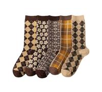 Tooe Women's Flower Argyle Cotton Socks 5 Pairs Coquettish Preppy Ankle Socks Fairycore Crew Socks Plaid Cozy Socking, Multicolored, One Size