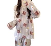 Tooe Women's Kawaii Bear Flannel Pajama Sets Cute Printed Long Sleeve Nightwear Top and Pants Coquette Soft Sleepwears, Khaki-bear, One Size