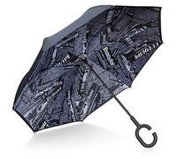 TOOGE Umbrella Inverted/Reversible, Long Windproof Umbrella Double Layer Inside-Out Self-Standing for Women and Men with Carring Bag (Newspaper)