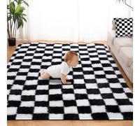 TOOHUB Super Soft Black and White Checkered Shaggy Area Rug, 178 x 122 cm (Rectangular), High Pile, Non-Slip, Perfect for Bedroom, Living Room, Kids Room