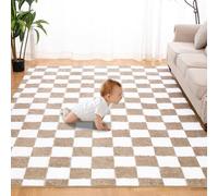 TOOHUB Super Soft Fluffy Checkered Shaggy Area Rug, 178 x 122 cm (Rectangular), Beige and White, High Pile, Non-Slip, Perfect for Living Room, Bedroom, Kids Room