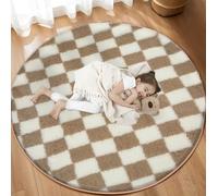 TOOHUB Super Soft Rug, Round Rug for Bedroom, 4X4 Ft Beige and White Checkered Round Rug Non-Slip High Pile Cute Soft Fluffy Rug for Living Room Bedroom Kids Room