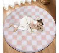 TOOHUB Super Soft Rug, Round Rug for Bedroom, 4X4 Ft Pink and White Checkered Round Rug Non-Slip High Pile Cute Soft Fluffy Rug for Living Room Bedroom Kids Room