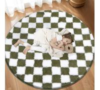 TOOHUB Super Soft Rug, Round Rug for Bedroom, 5X5 Ft Green and White Checkered Round Rug Non-Slip High Pile Cute Soft Fluffy Rug for Living Room Bedroom Kids Room