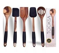 TOOKSA- Premium 5 Piece Acacia Multi-Toned Light and Dark Wooden Spoon, Turner and Spatula Utensil Set with Silicone, Rubber, Non-Slip Handles (Black)