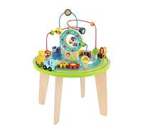 Tooky Toy Wooden Activity Table - Animal Theme, 2+ Years, Shape Recognition & Spatial Awareness, Table, 4 Legs, Circular Rail Track, 2 Trains, Bead Maze, 3 Gears, Shape Sorter, Flowers