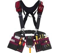 Tool Belt With Suspenders, 24 Pockets Tool Bag with Magnetic Wristband, Detachable Tool Pouch Bag, Adjustable Waists for Men Electrician Carpenter Construction (Red)