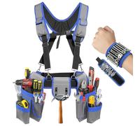 Tool belt with Suspenders, Magnetic Wristband for Tools,Multi-Functional Adjustable Waist Tool Belt, Tool Belt Pouches, Electrician Framer Belt with Suspenders,Men Women Carpenter Tool Belts,Blue-Grey
